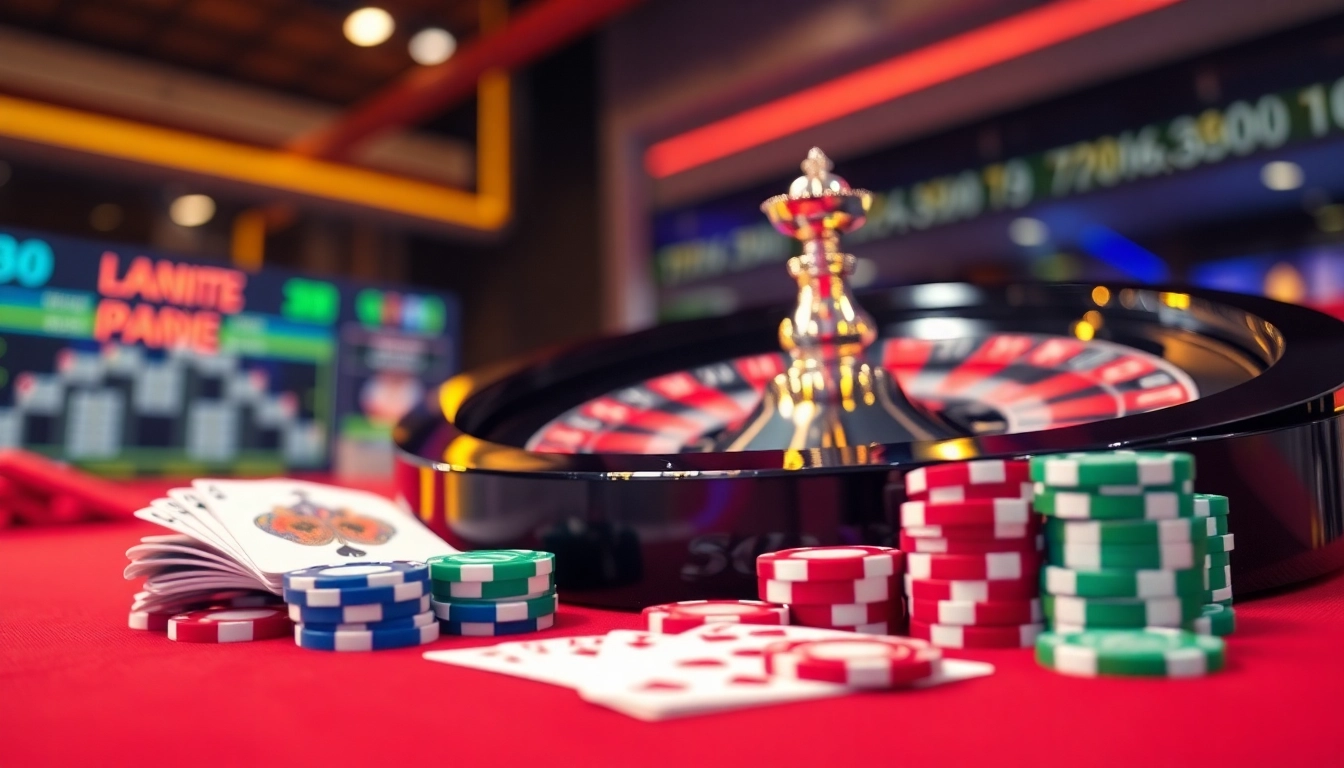 Engage with sv388's thrilling online gambling atmosphere featuring roulette, cards, and poker chips.