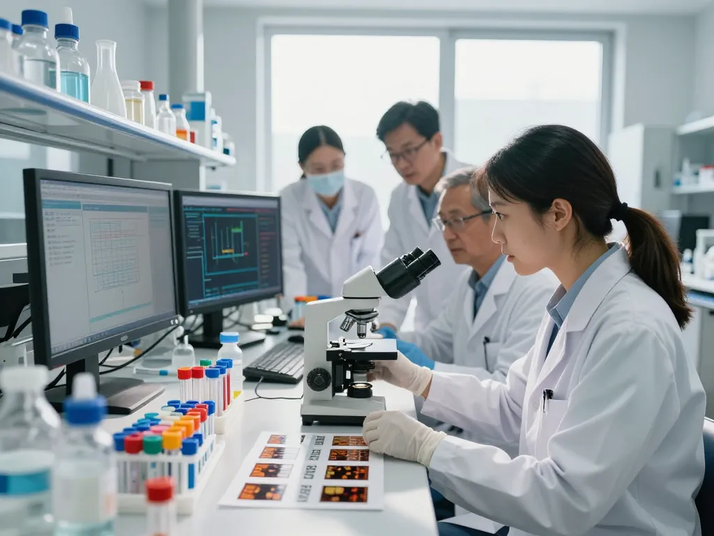 Healthcare team analyzing MB66 film in a modern lab setting.