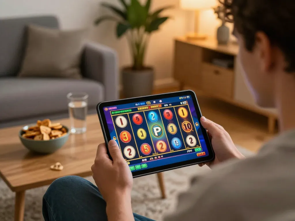UGDEWA player enjoying colorful online slots on a tablet in a cozy living room setting