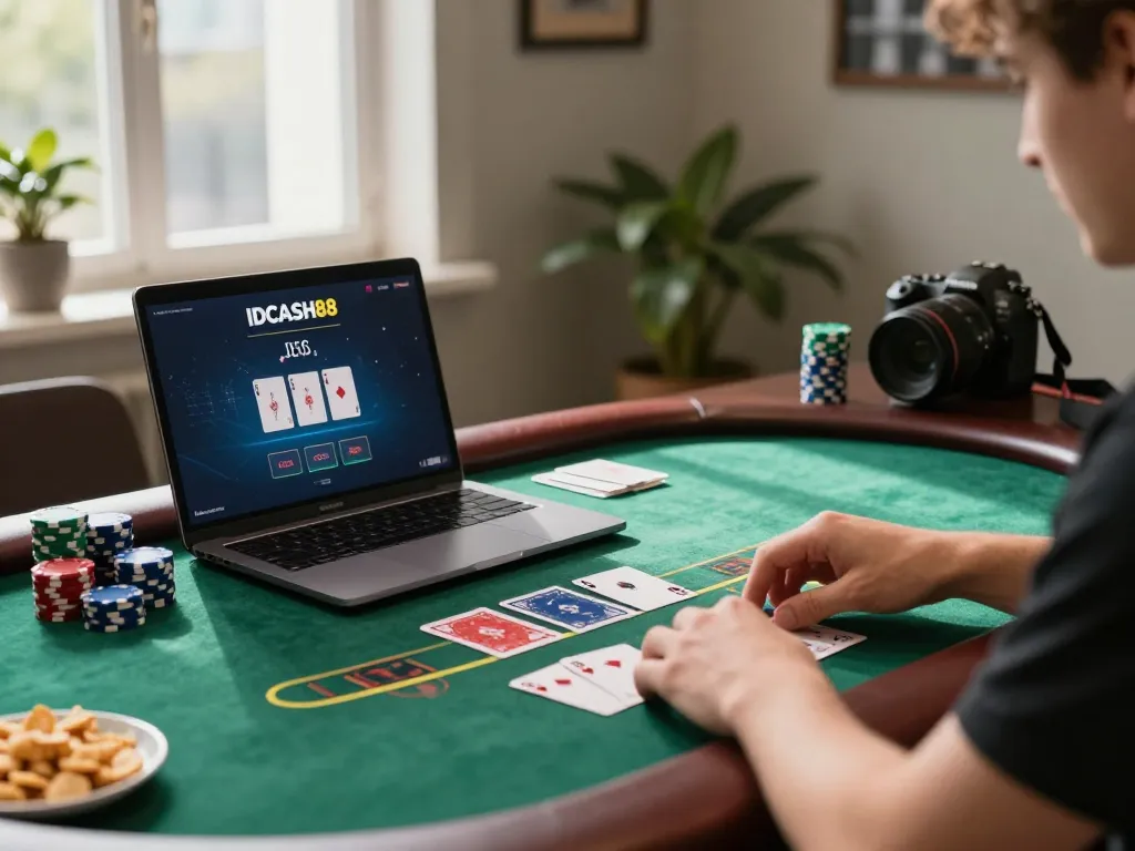 Engaging moment playing live dealer blackjack on IDCASH88 at home, showcasing dynamic gameplay and relaxed atmosphere.