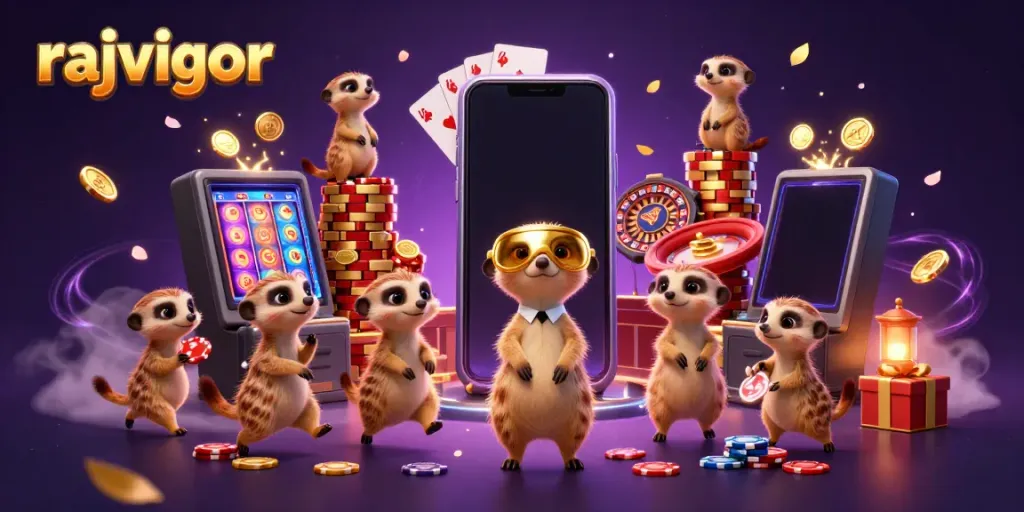 Experience the excitement of rajavigor's casino action with dynamic meerkat characters and vibrant gaming elements.