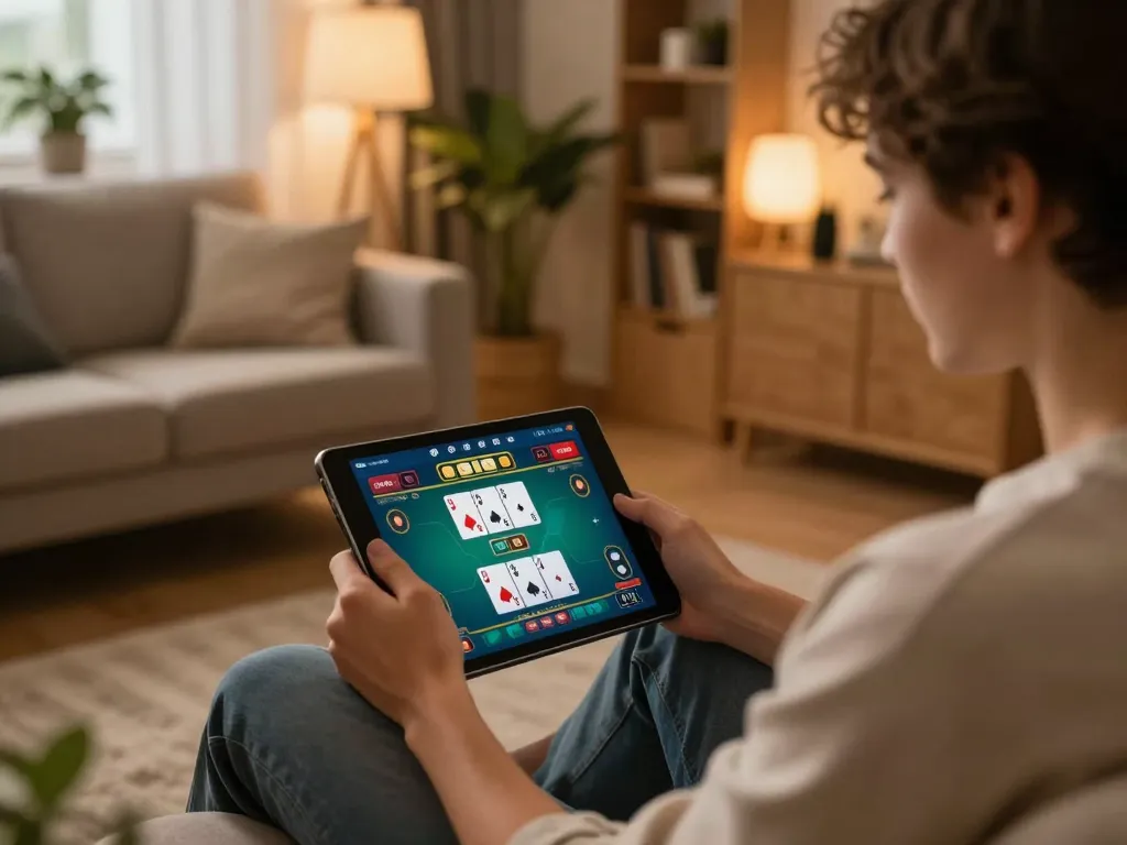 Engaging in online gambling with nego77 using a tablet, showcasing strategic gameplay in cozy home setup.