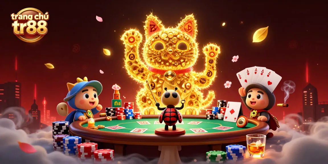 Experience the vibrant atmosphere at trang chủ tr88, featuring a lucky cat and dynamic poker elements.