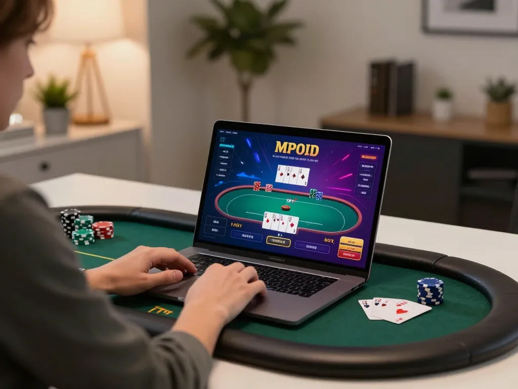 MPOID platform showcasing a user strategically playing poker online from a modern home office