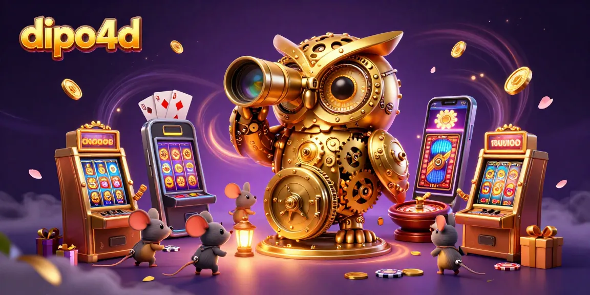 Engage with dipo4d's vibrant casino atmosphere, featuring a clockwork owl and lively slot action.