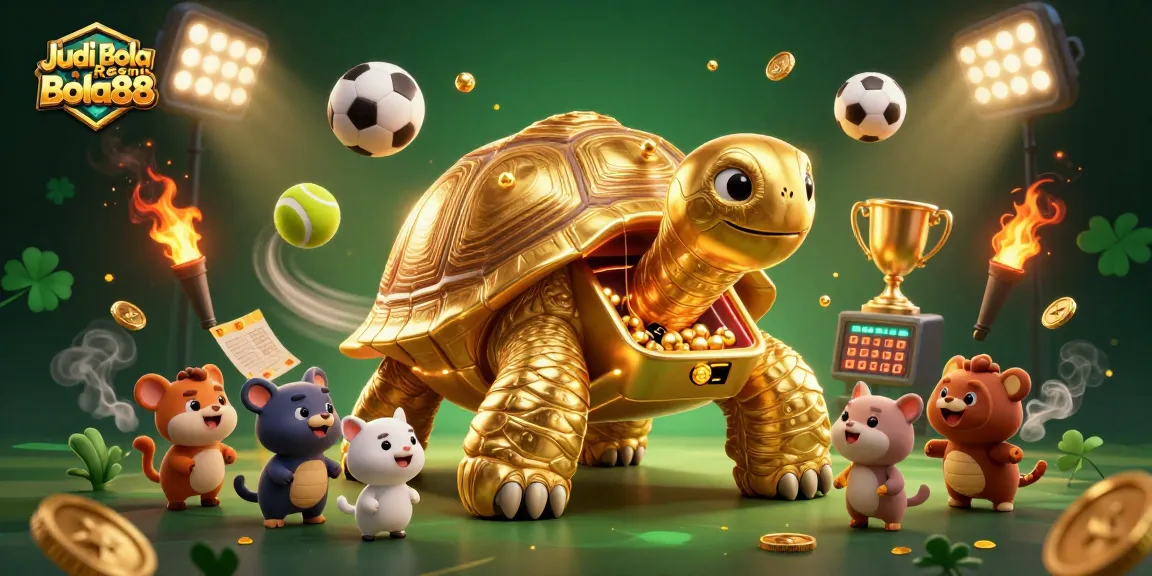 Experience the thrill of Judi Bola Resmi Bola88 with a golden tortoise pinball machine and flying sports balls.