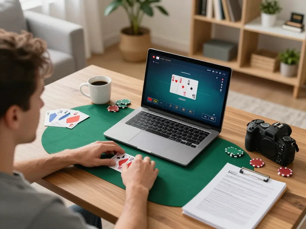Player enjoying online poker at https://gg88se.com/ displaying winning cards on laptop screen.