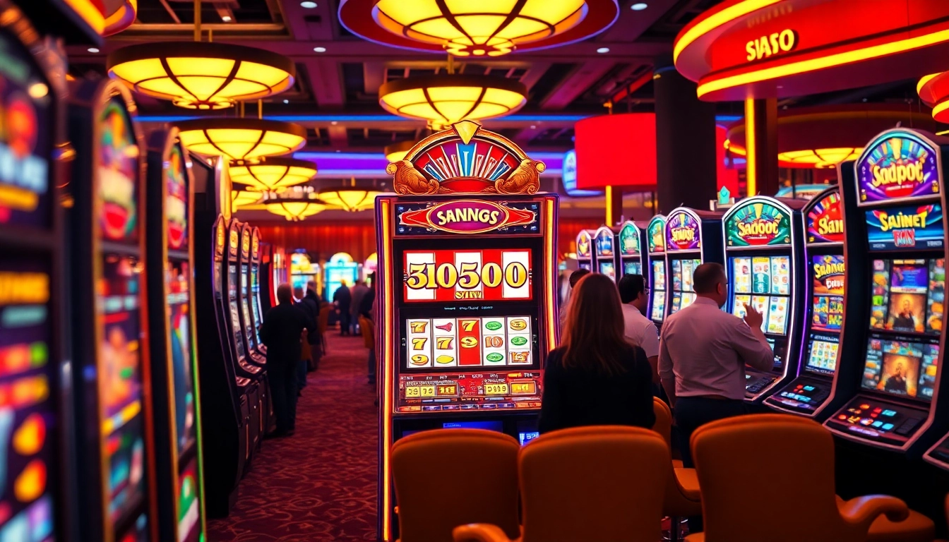 Mainkan slot dengan tampilan mesin judi berwarna-warni di kasino yang meriah.