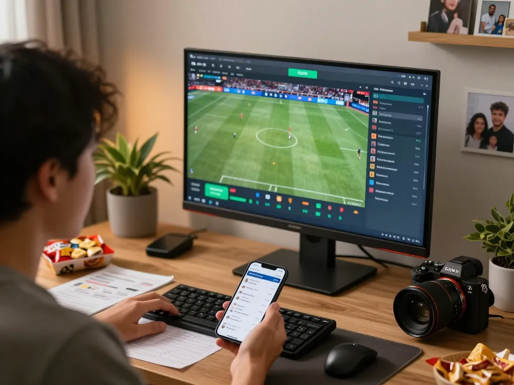 Betting enthusiast using LGOGOAL app for live sports wagering at home desk