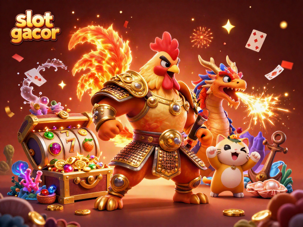 Engage with slot gacor gameplay featuring a cartoon rooster warrior, armored dragon, and treasure elements.