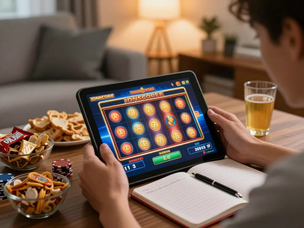 IDNSCORE user engaging with online slot game, showcasing a cozy gaming atmosphere with strategic notes.