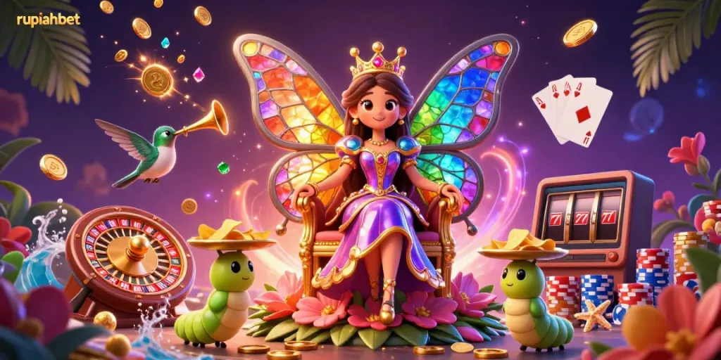 Experience the magic of rupiahbet with a vivid 3D illustration showcasing a butterfly queen amidst casino elements.