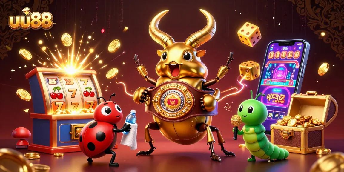 uu88's thrilling casino experience captured in a vibrant illustration of a giant beetle champion surrounded by slot machines and jackpots