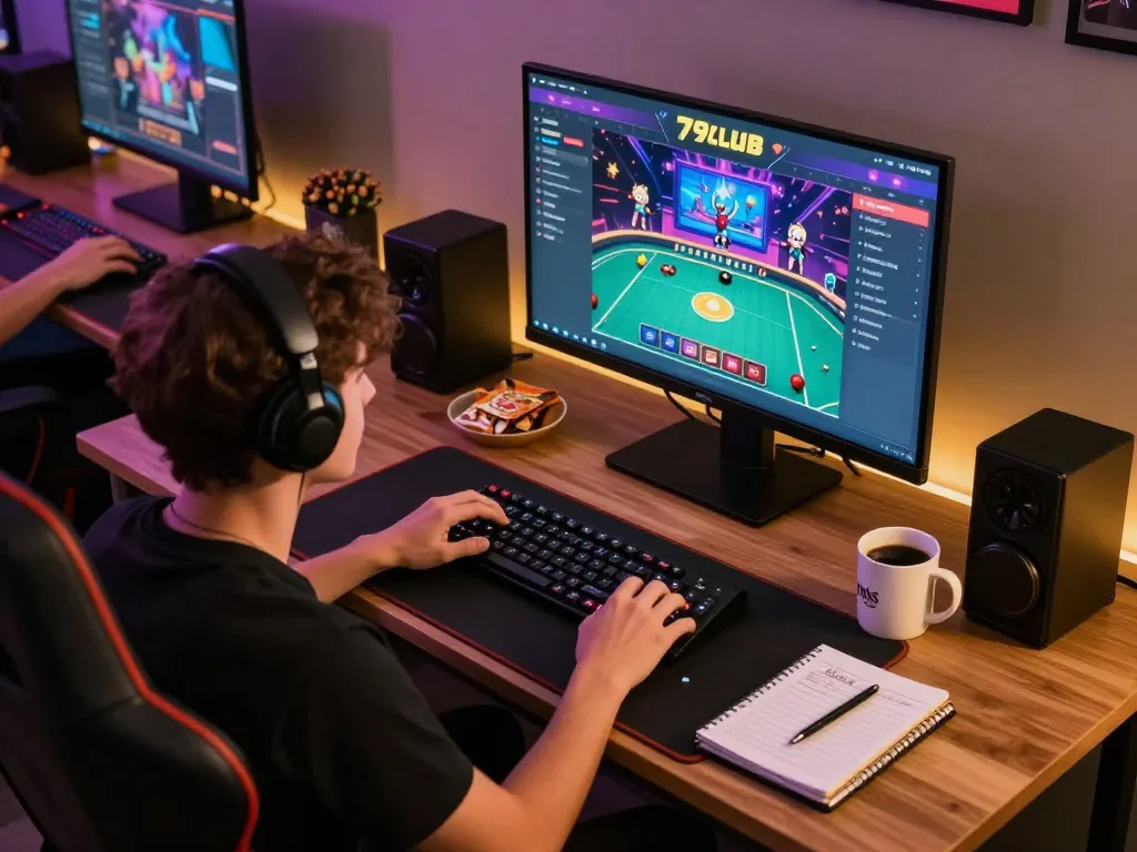 An engaged user plays 79club on their tablet, surrounded by gaming strategy notes and a cozy atmosphere.
