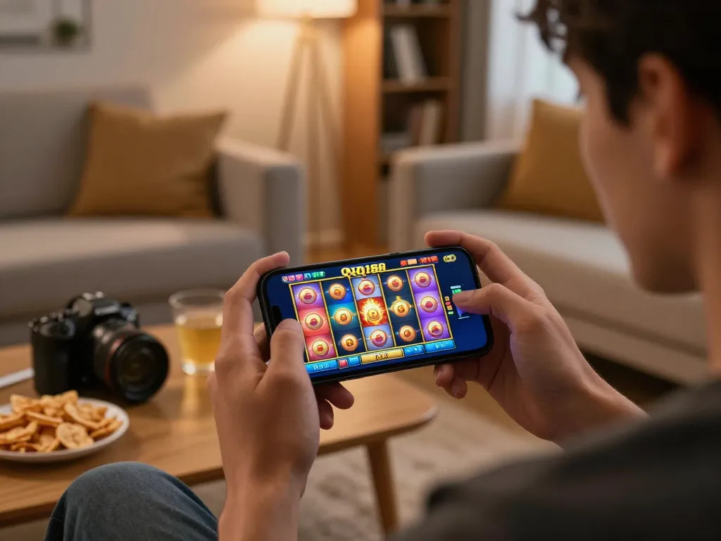 Pemain memutar Slot QQ188 di smartphone dalam suasana rumah yang nyaman, menekankan kegembiraan permainan mobile.