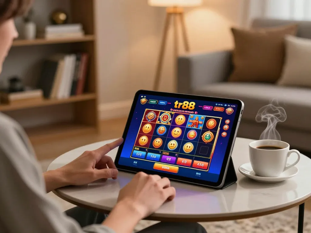 Player engaging with tr88 online casino on tablet, showcasing vibrant slot games in a cozy setting.