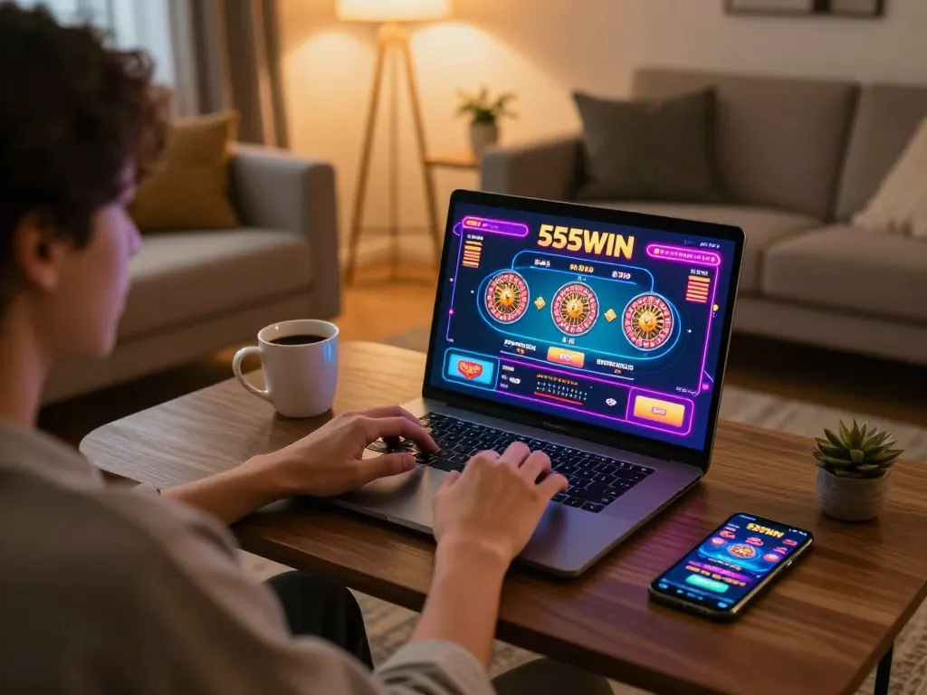 Engaging in online games at 555WIN casino, showcasing a player's excitement in a cozy environment