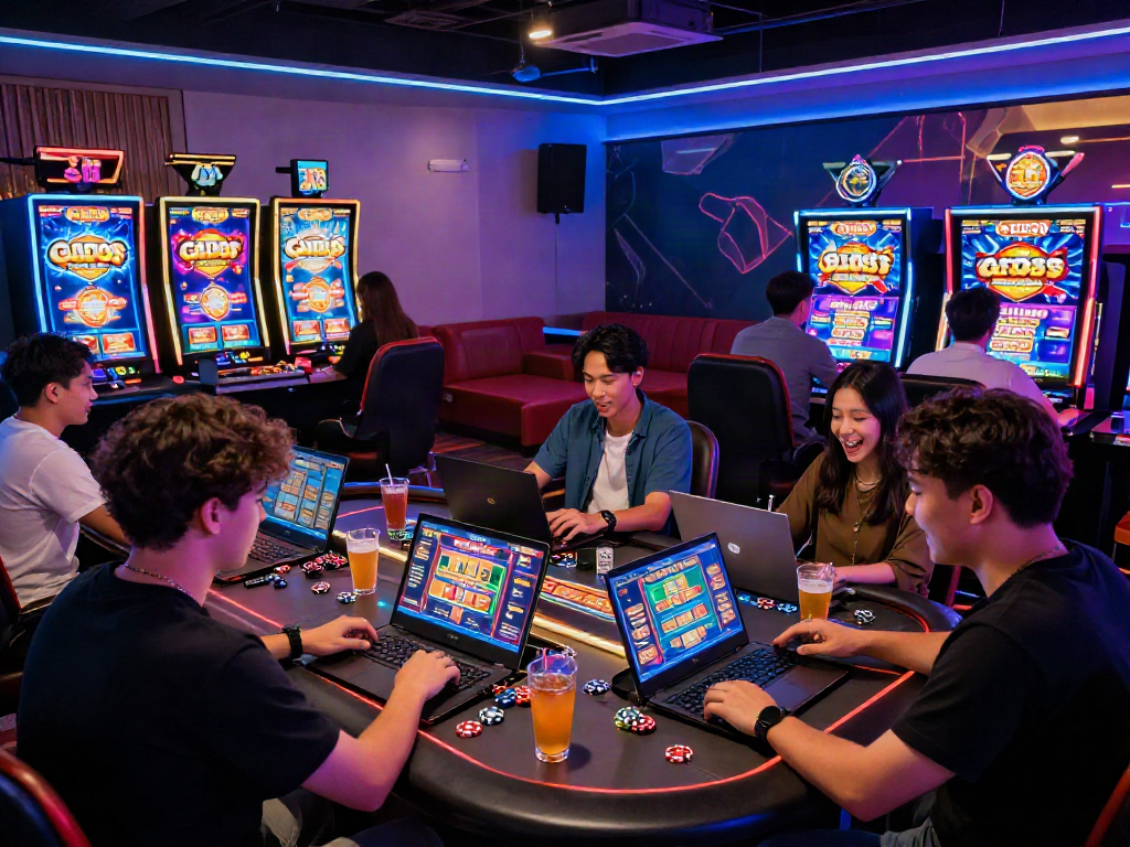 Exciting online gaming scene featuring Slot Gacor MAHJONGJP88, enthusiastic players enjoy immersive casino experience.