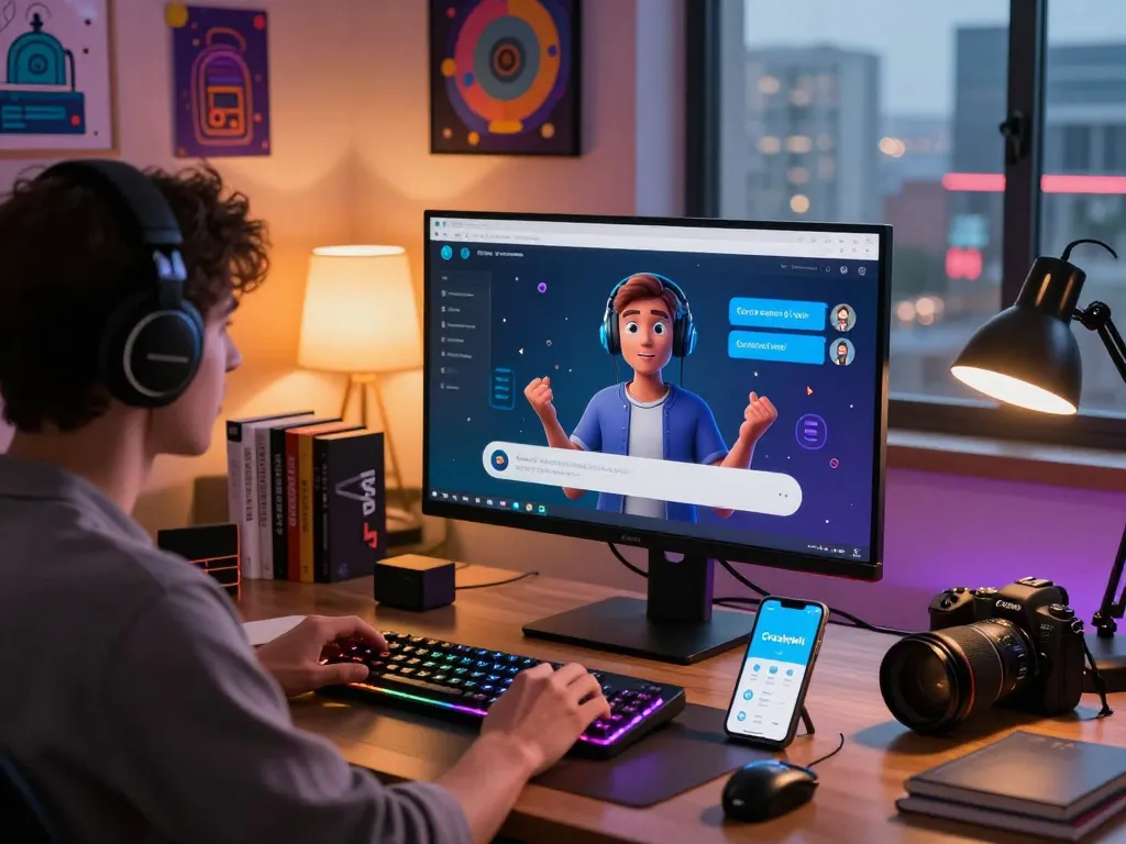 Dynamic workspace with user interacting with crushonai AI chat on monitor, showcasing modern tech.