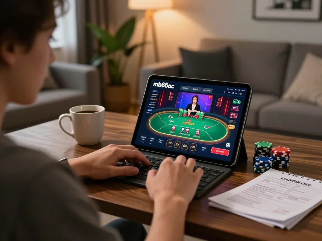 Engaging in online gambling at mb66ac from a cozy living room setup with poker displayed