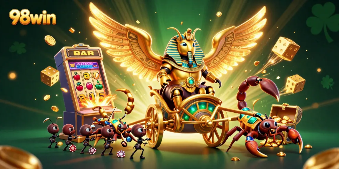 98win casino illustration with dynamic characters and exciting gambling elements.