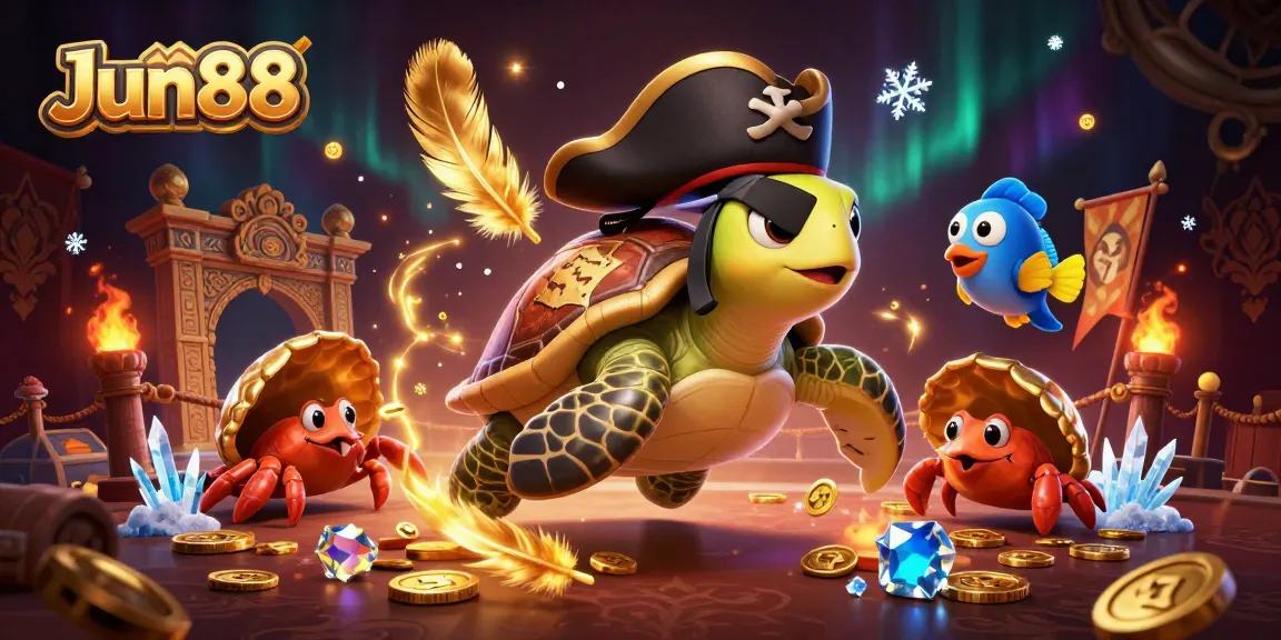 Experience the thrilling action at Jun88 with a vivid illustration of a pirate turtle and friends amidst treasures.