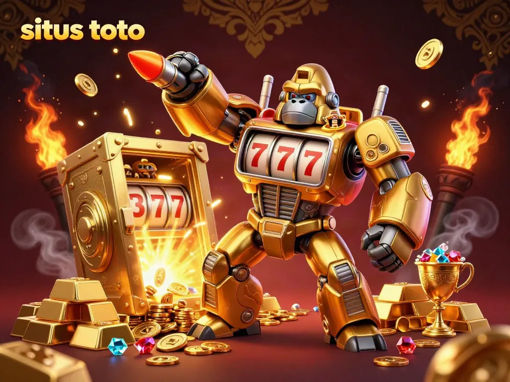 Engage with situs toto featuring a dynamic scene of a gorilla mech smashing coins in a vibrant casino atmosphere.