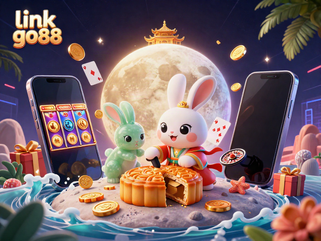 Engage with the link go88 at the vibrant casino-themed moon surface featuring a cartoon rabbit and exciting gaming elements.