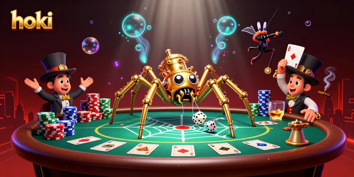 Hoki-themed steampunk spider catches dice in golden web at a vibrant poker table.