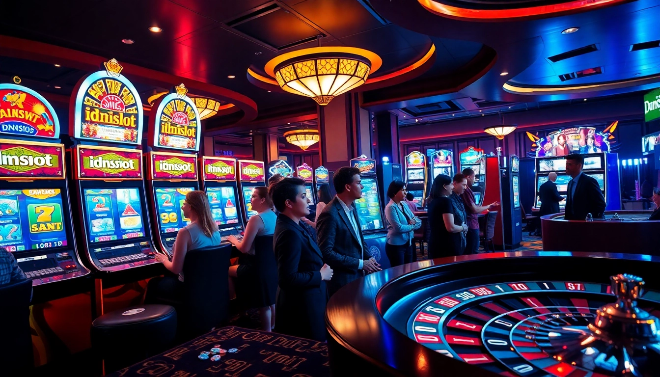 Winning players at idnslot slot machines in a vibrant casino scene.