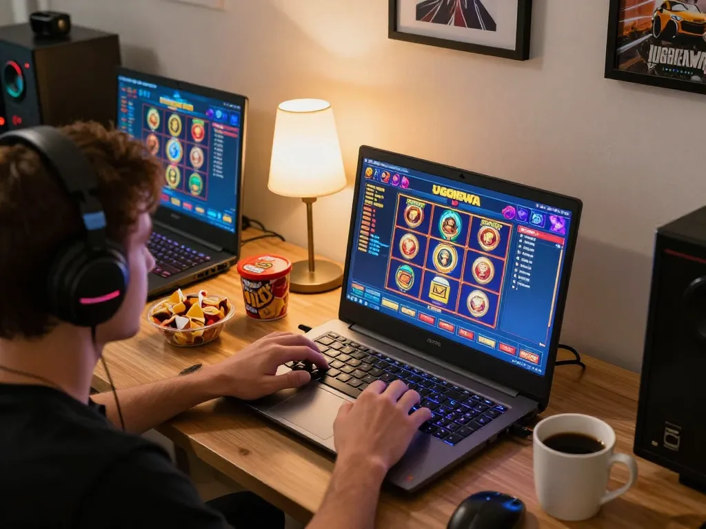 Player enjoying UGDEWA slot games in a cozy home setup with ambient lighting and snacks