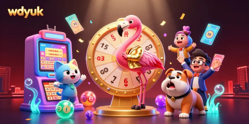 Engage in electrifying excitement with wdyuk as animated characters navigate a vibrant lottery scene.