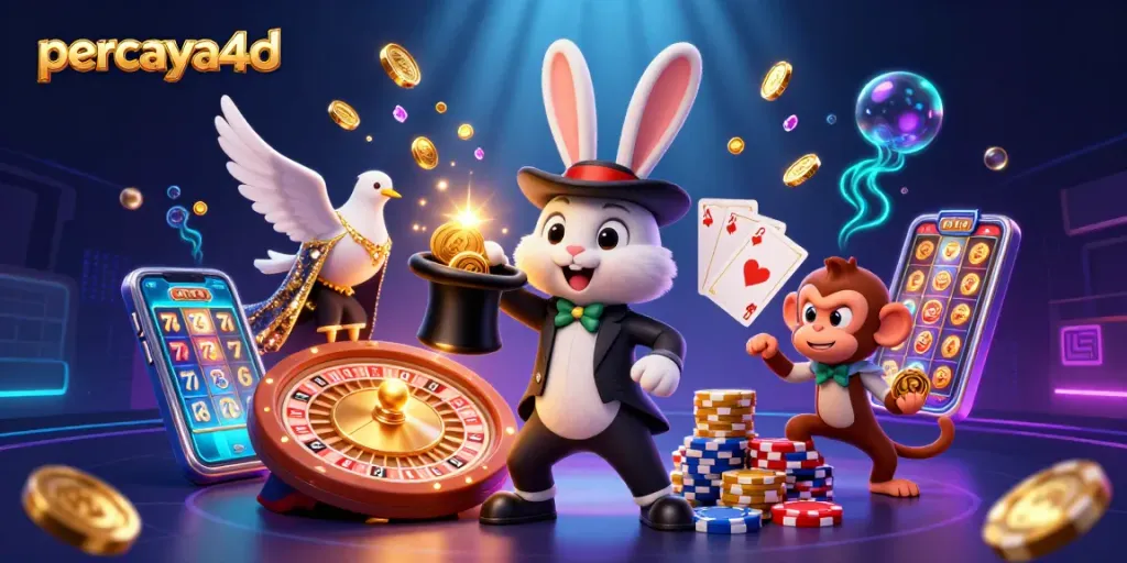 Permainan menarik percaya4d dengan koin emas dan karakter lucu di kasino digital.