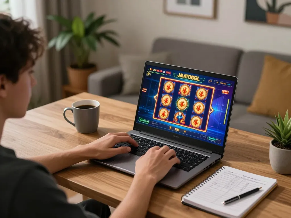 Orang menikmati permainan slot online Jalatogel di laptop dalam ruang permainan yang nyaman.