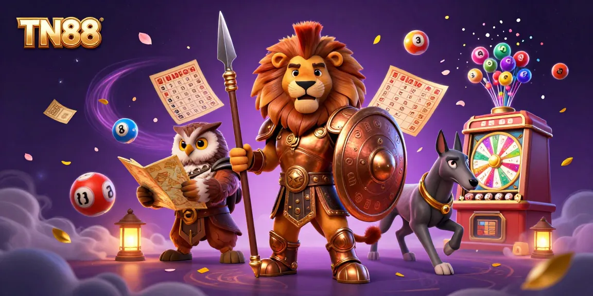 Experience TN88 gaming with a Spartan lion, tactical owl, and swift greyhound amidst vibrant digital gambling elements.
