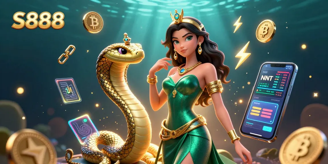 S888 gaming platform showcasing vibrant 3D illustration with crypto elements and captivating characters.