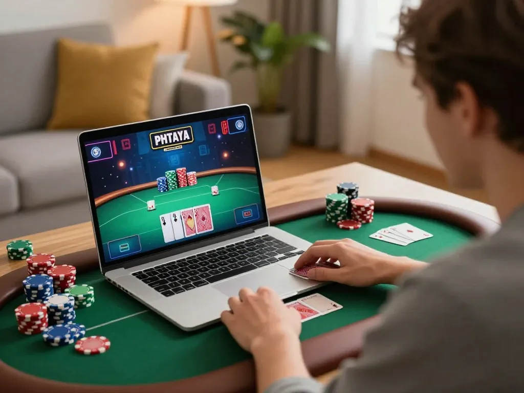 Engaging in online poker at PHTAYA while enjoying a cozy home atmosphere.