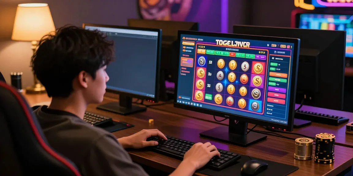Ratutogel: Pemain fokus pada layar komputer menampilkan antarmuka taruhan Togel dan slot yang interaktif.