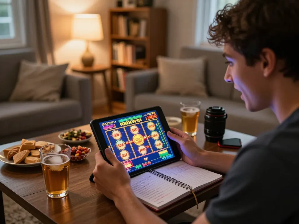 Pemain menikmati slot gacor maxwin di tablet di rumah yang nyaman selama sesi permainan yang mendebarkan