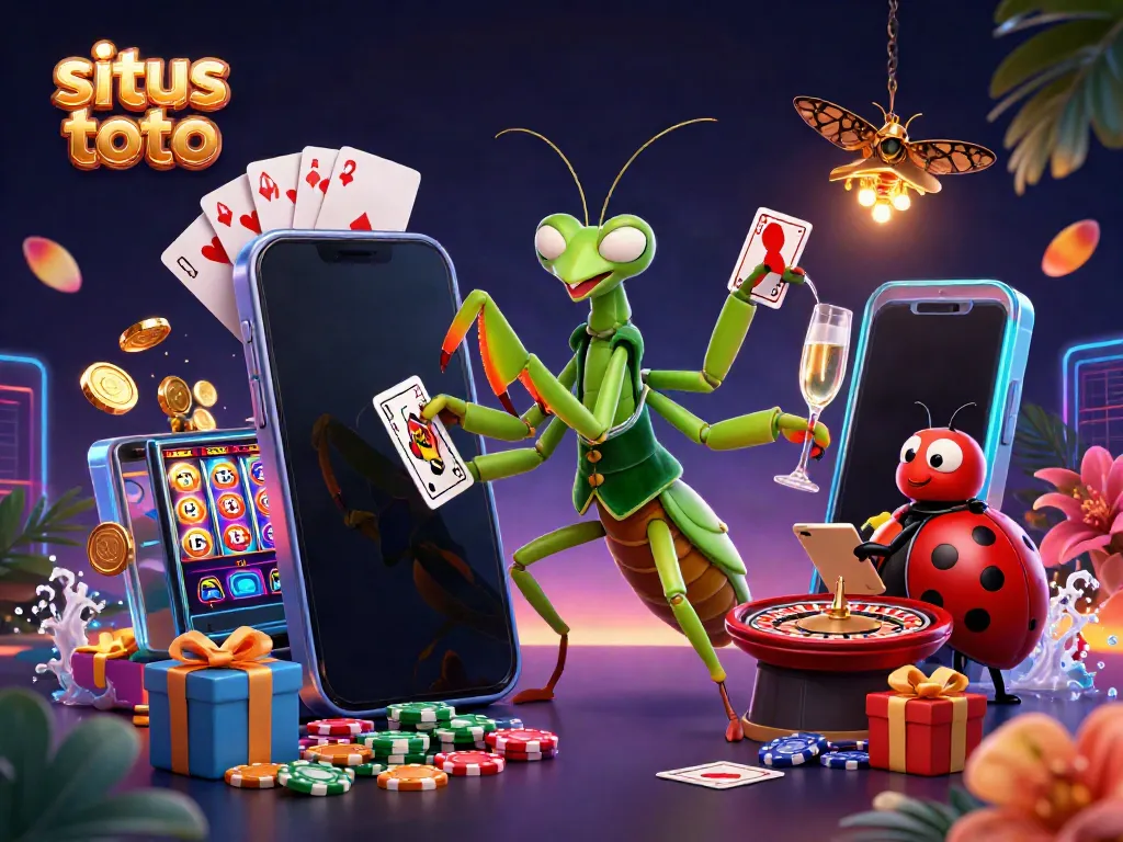 Enjoy thrilling situs toto action with a giant praying mantis card sharp and ladybug pit boss in a vibrant casino scene.