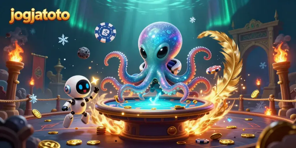 Play poker with alien octopus on jogjatoto, enhanced by swirling golden feathers and cosmic effects.