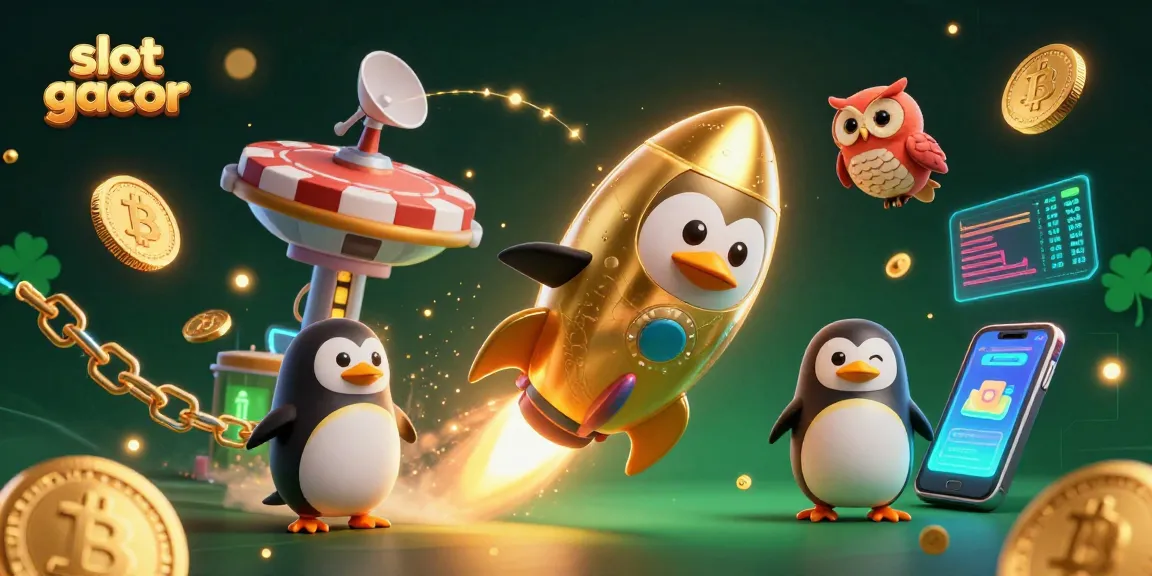 Slot gacor menampilkan penguin emas bercadar roket di luar angkasa dengan koin yang bersinar.