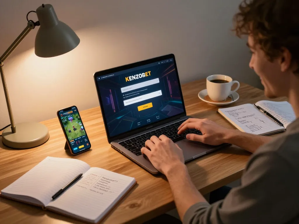 Engaging with KENZOBET login on a sleek laptop, showcasing strategic gameplay and responsible gambling.