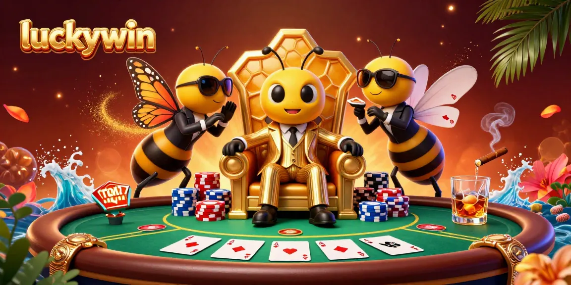 luckywin players revel at a vibrant poker table surrounded by colorful chips and friendly characters.