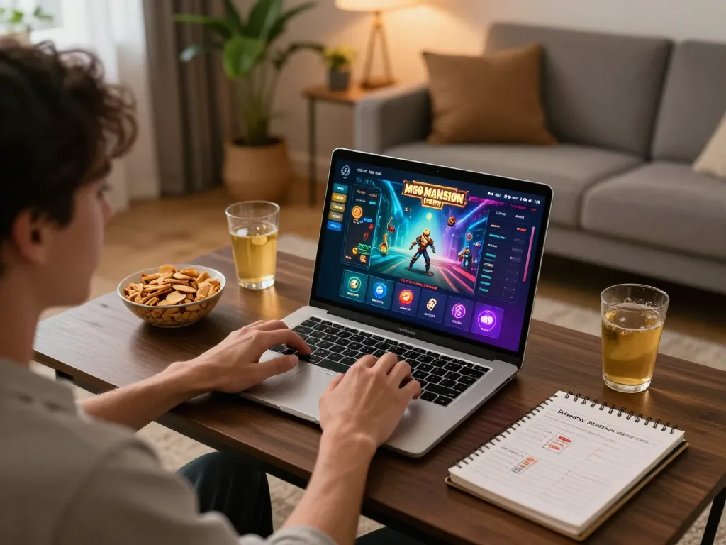Pemain M88 Mansion Indo terlibat dalam permainan online dari rumah, menunjukkan pengaturan yang nyaman dengan catatan strategi