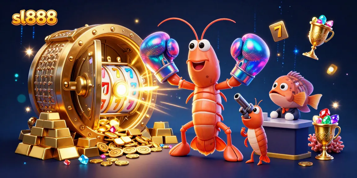Engage in thrilling gameplay at sl888, featuring vibrant slot reels and a treasure scene with animated characters.