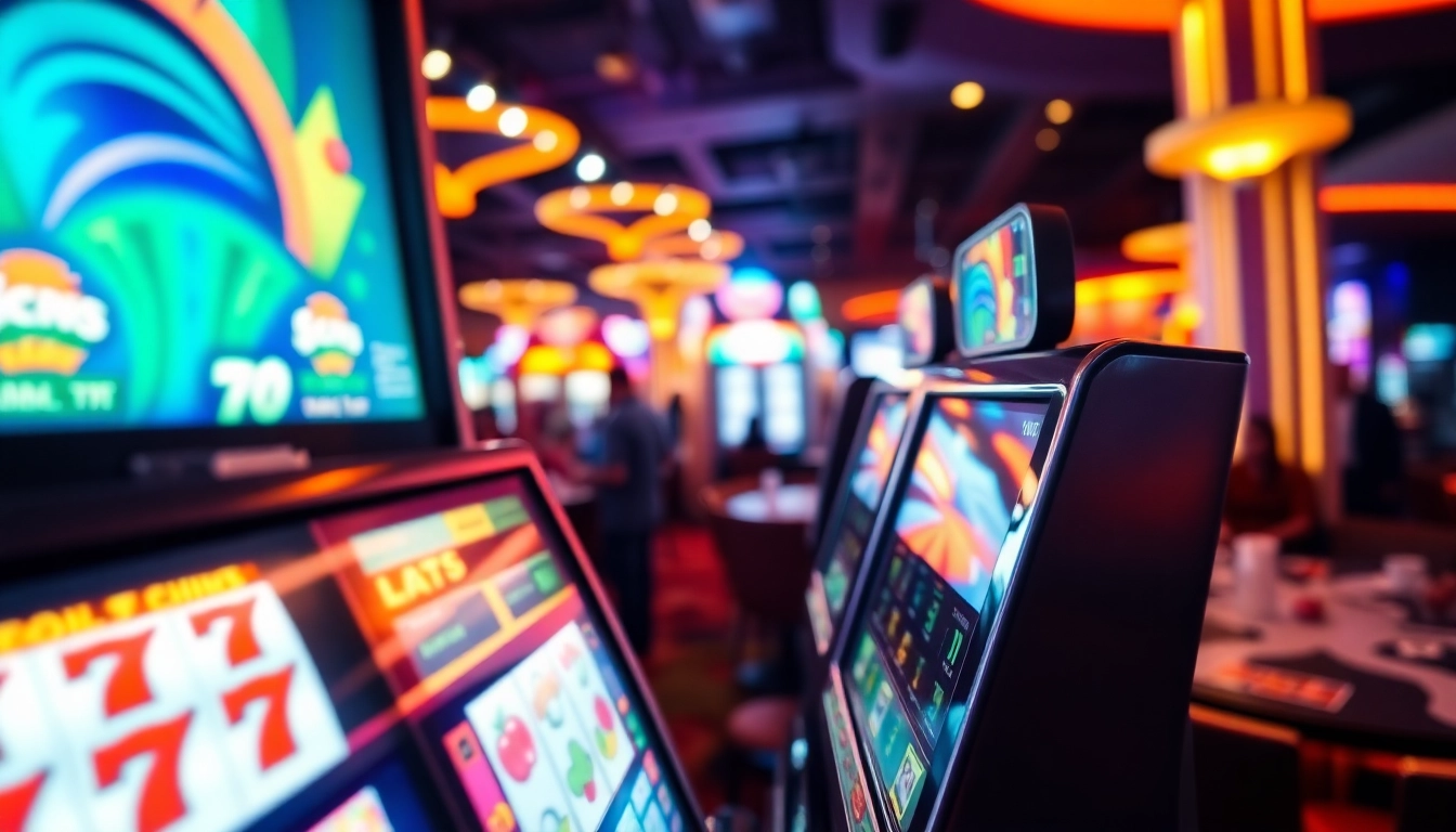 Mesin slot yang menarik di kasino dengan pencahayaan cerah dan simbol keberuntungan.