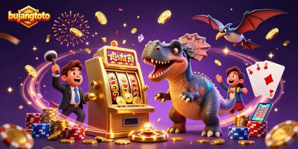 Experience the excitement of bujangtoto as dinosaurs battle a jackpot slot machine amidst golden coins.