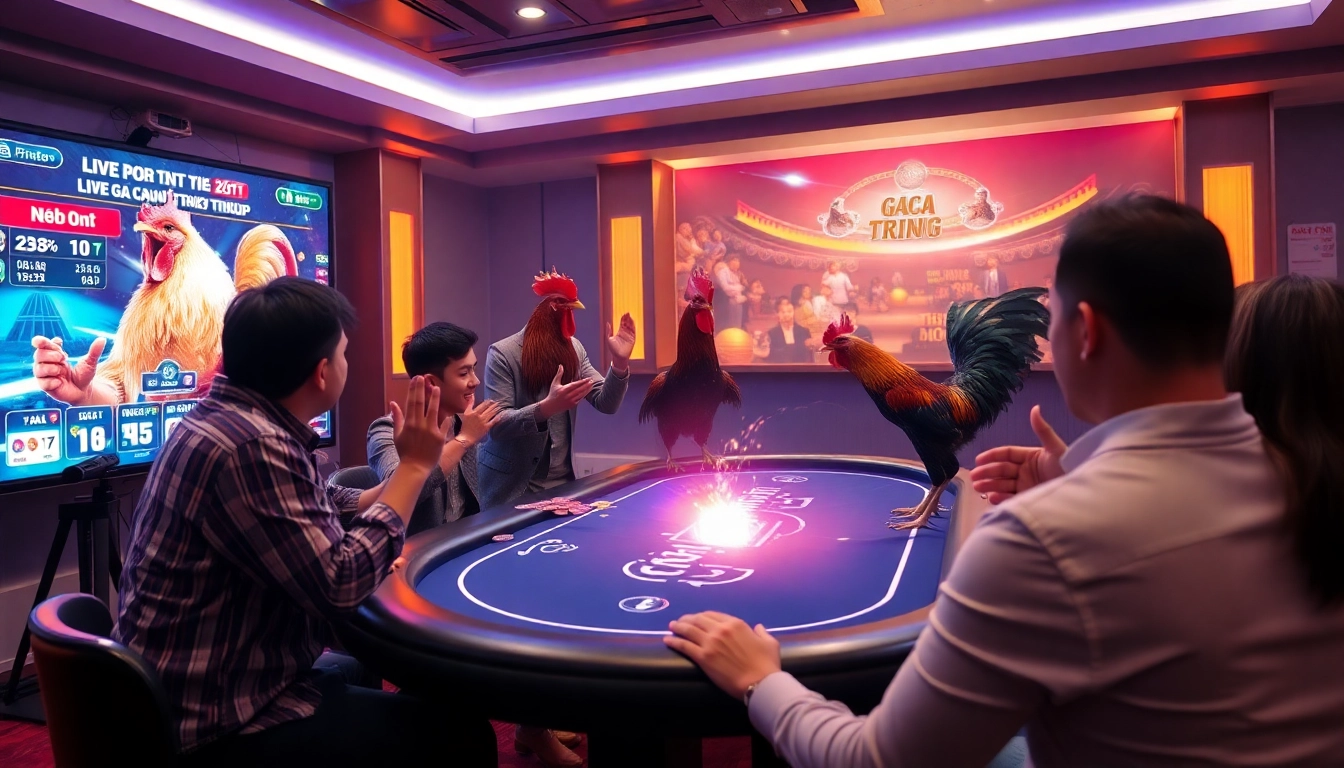 Experience the excitement of đá gà trực tiếp with enthusiastic bettors enjoying competitive cockfighting action online.