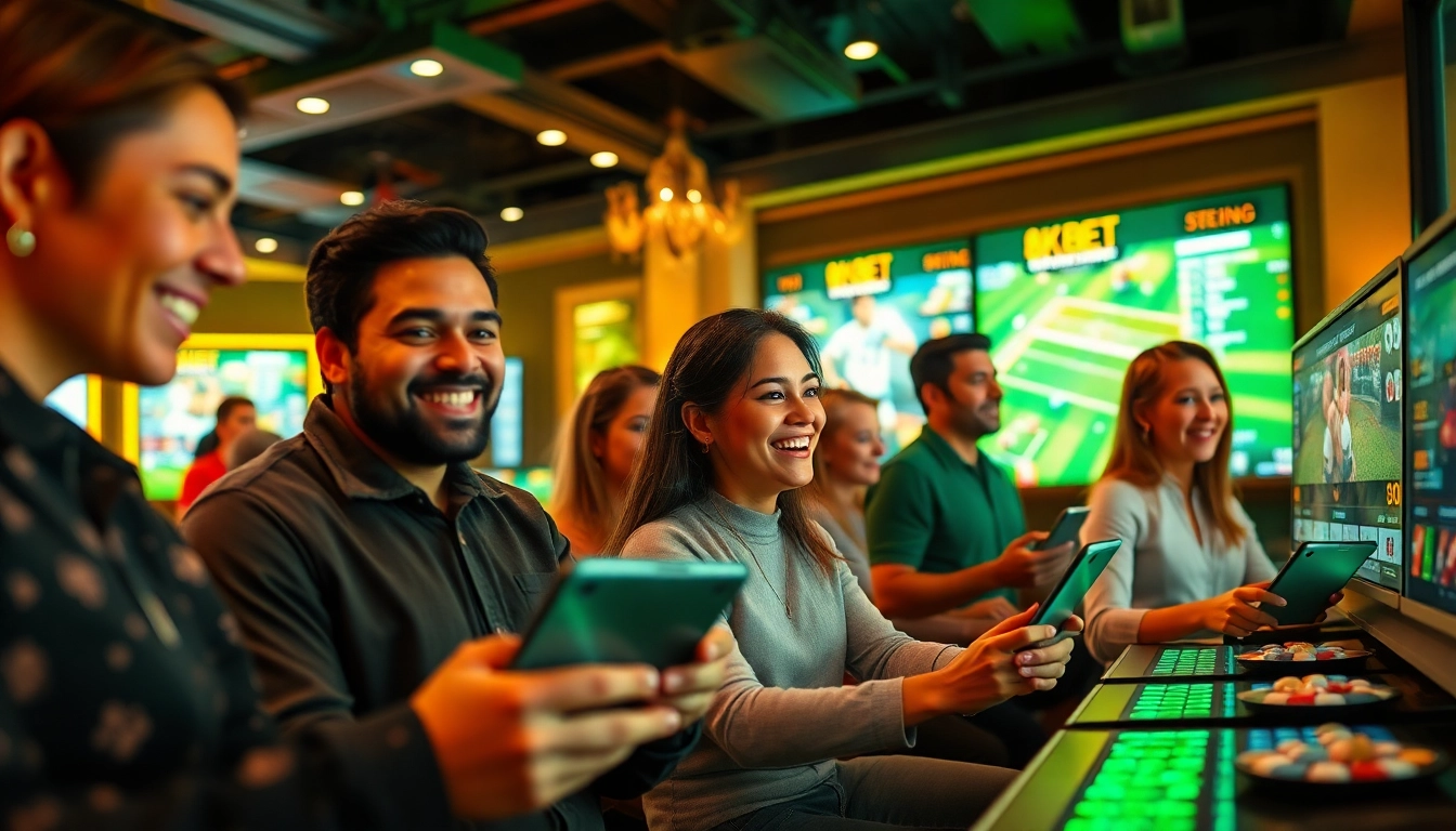 8KBET online gaming scene with excited players enjoying sports betting and casino games.